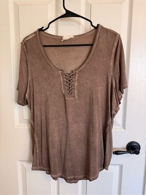 White Crow XL Washed Brown Lace Up Boho Western Tunic Top -Buckle